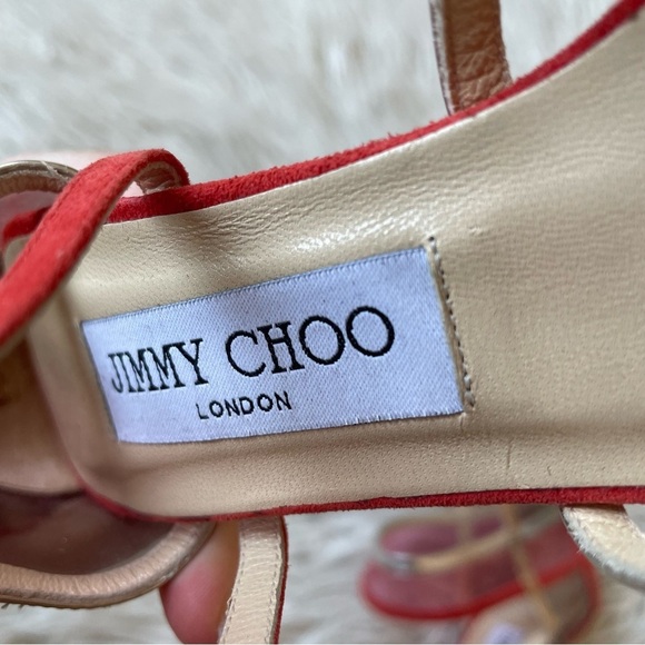Jimmy Choo Red Multicolor Suede PVC Perspex Mai Tai Heeled Open Toe Sandals 36.5 - Picture 9 of 10